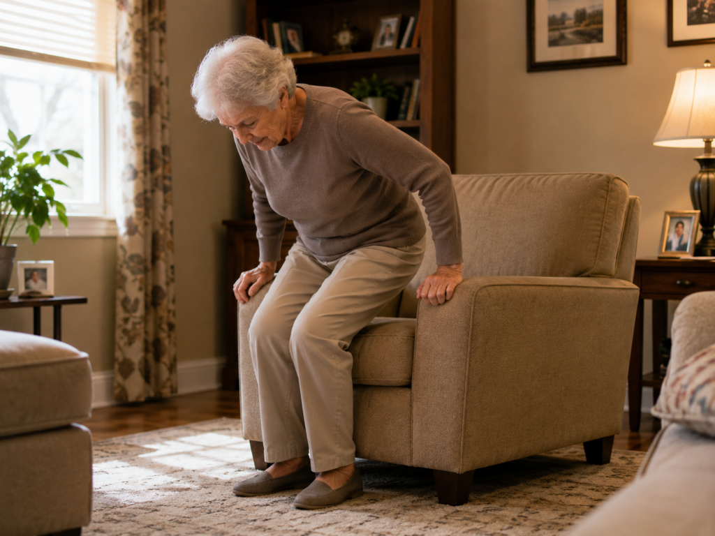 A close-up of hands gripping a chair armrest for support while rising from the floor.