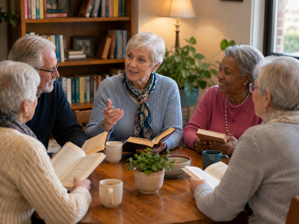 A group of elderly friends discussing books together during a book club meeting