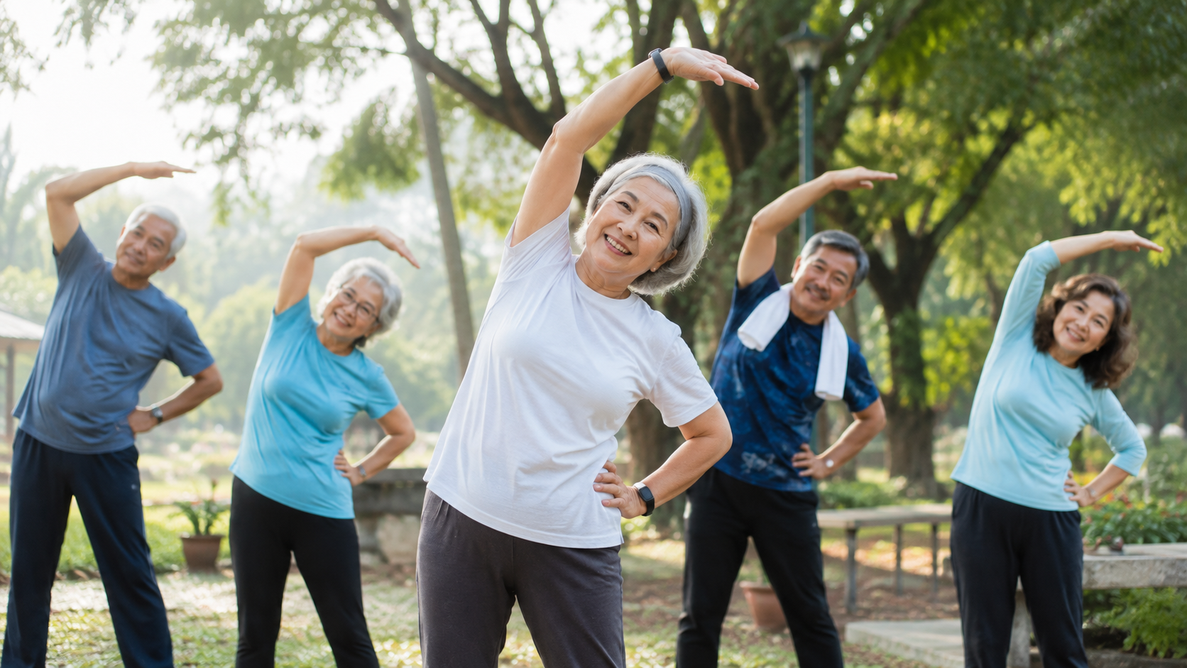 A group of seniors doing a gentle outdoor stretching class in the morning