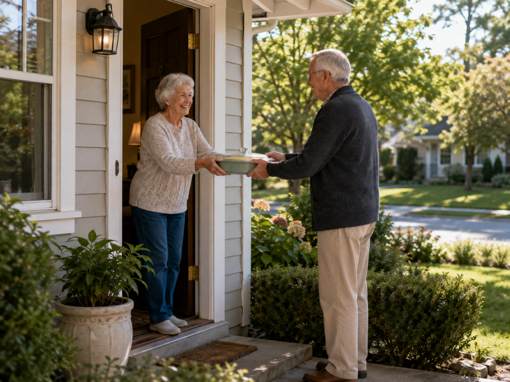 An elderly man sharing a warm dish of food with a neighbor at the door
