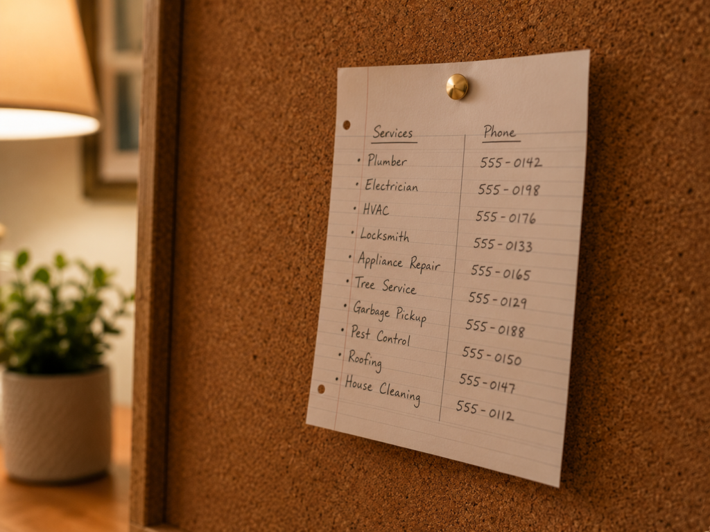 A handwritten list of local service phone numbers pinned to a corkboard