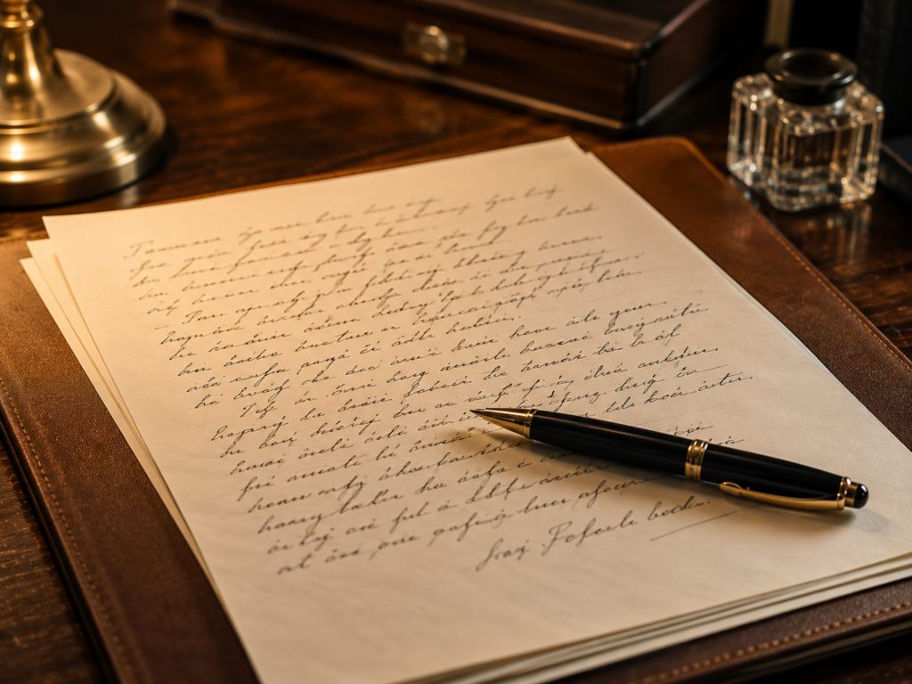 A handwritten agreement document with a pen resting on top.
