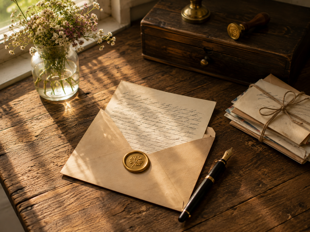 A handwritten letter being sealed into an envelope with a fountain pen nearby