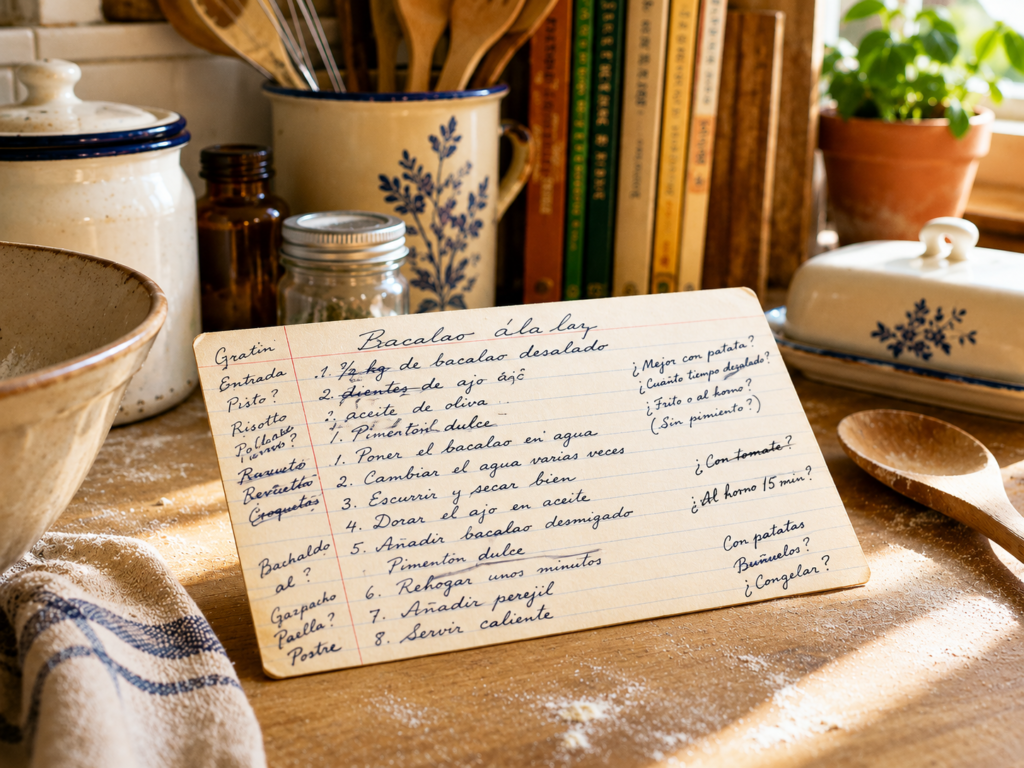 A handwritten recipe card with confused notes crossed out in the margins