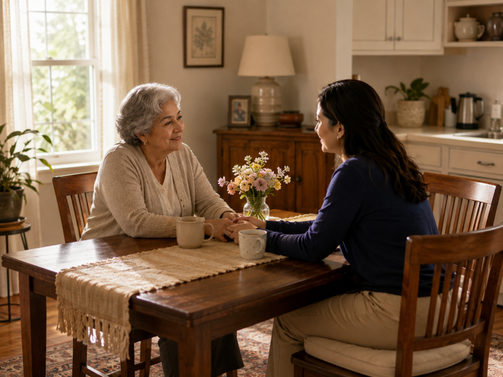 An elderly woman holding her adult daughter's hand affectionately