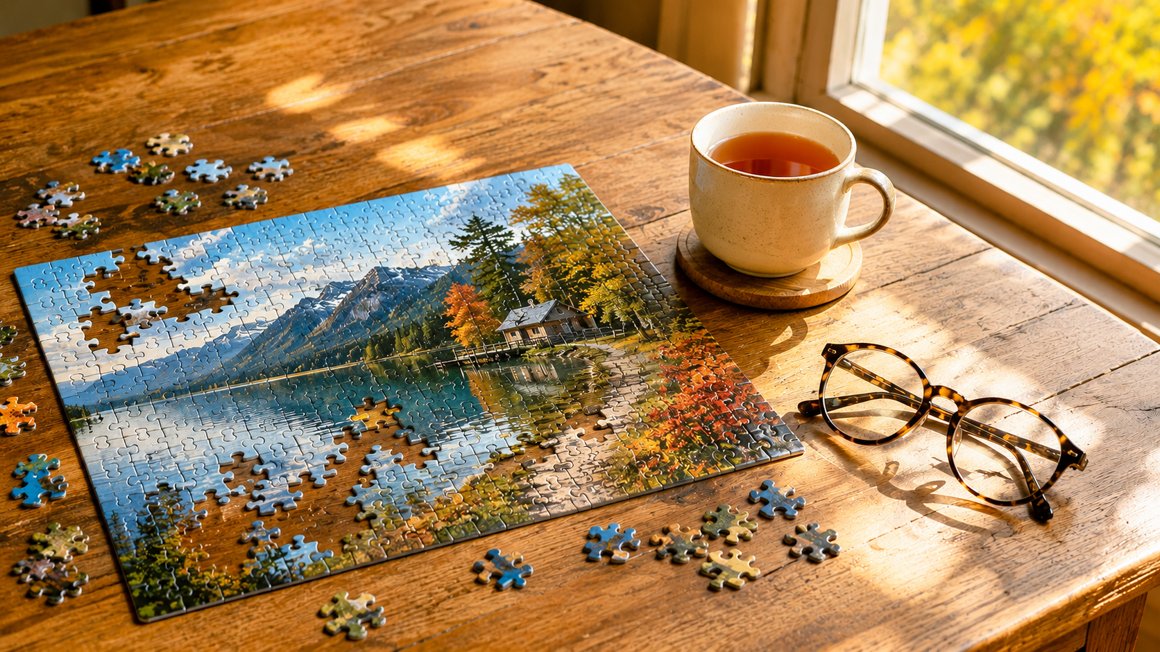 A half-finished jigsaw puzzle on a table with reading glasses and tea nearby