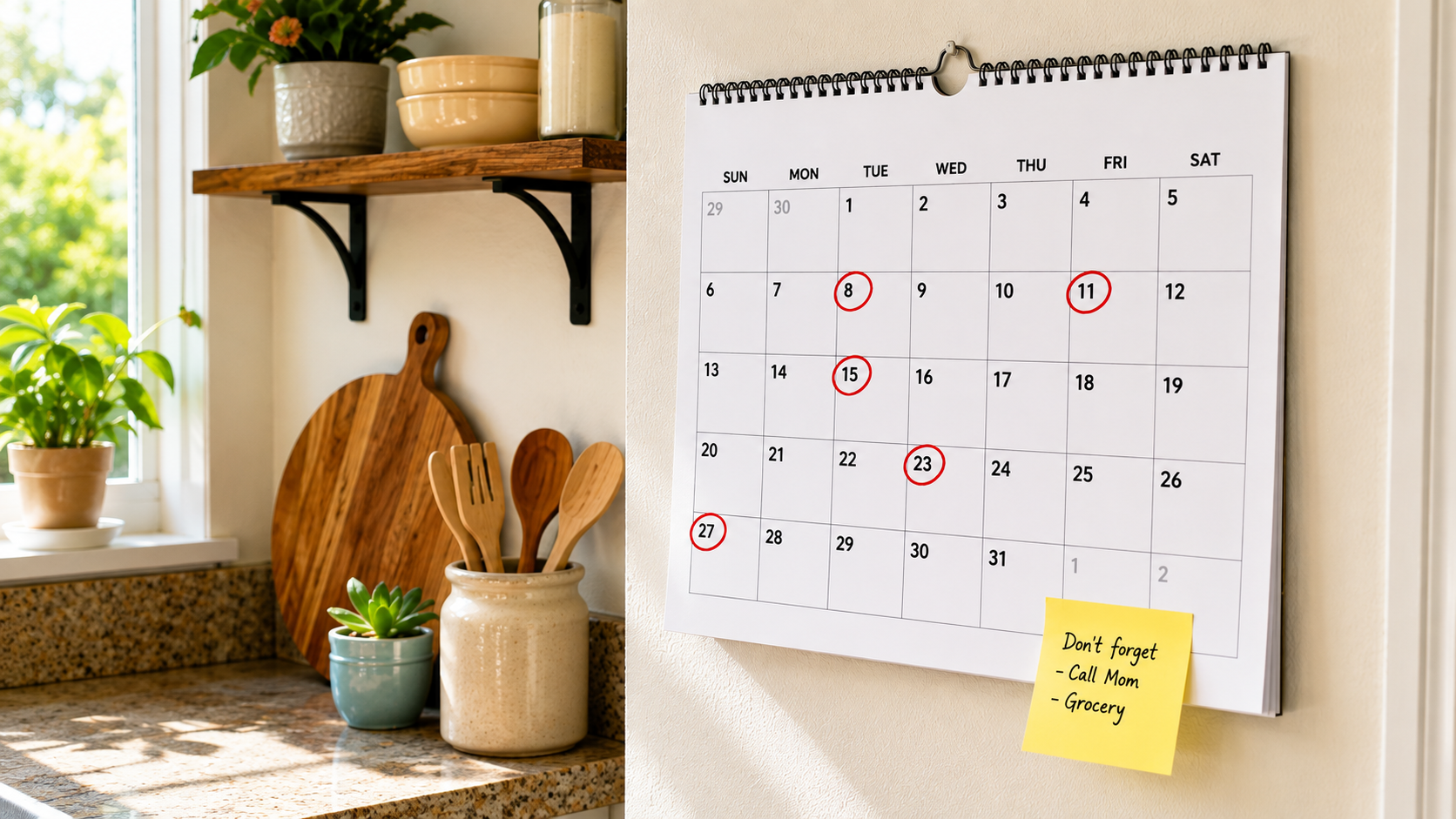 A kitchen calendar with circled dates and a reminder sticky note
