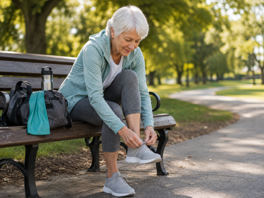 An elderly woman lacing up walking shoes with a resistance band tucked in her bag.