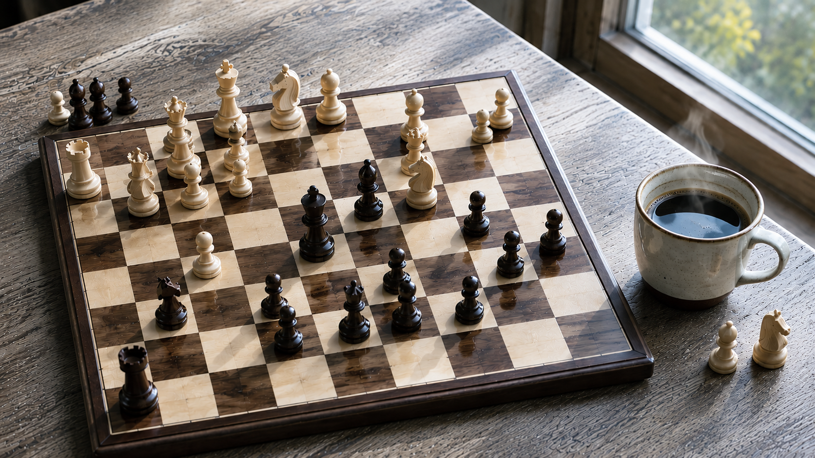 A chess board mid-game with a cup of coffee on a wooden table