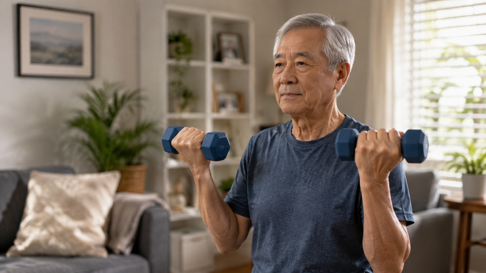 An elderly man doing light strength training with hand weights at home