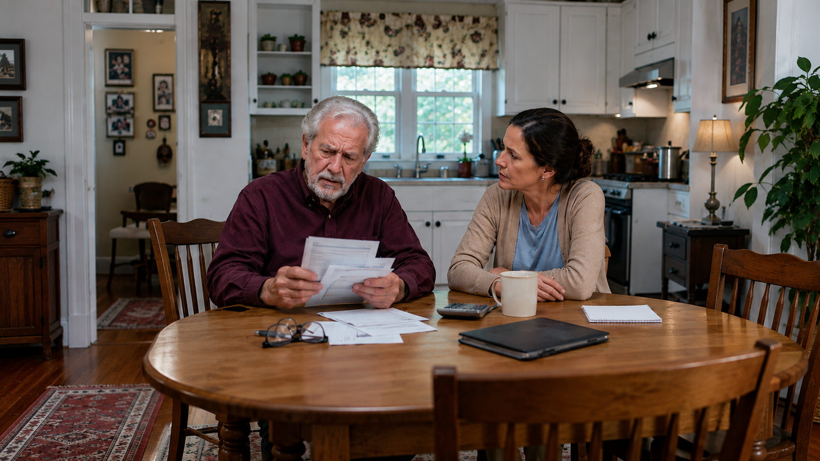 An elderly man looking confused while managing bills, with his daughter noticing nearby
