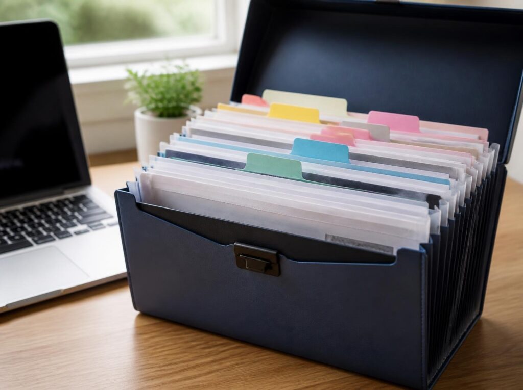 A labeled accordion folder organizing medical documents by category