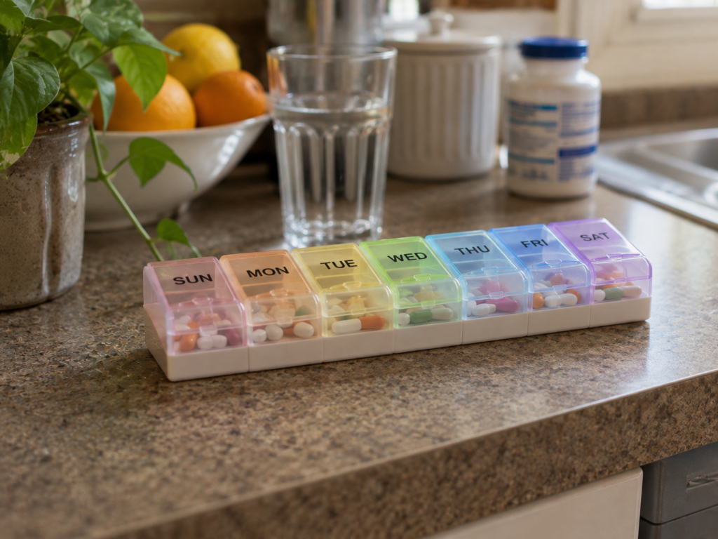 A labeled weekly pill organizer on a kitchen counter Title text: The right tool makes medication management manageable