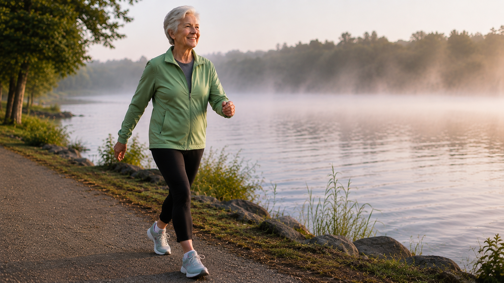 An elderly woman walking briskly along a lakeside path in the morning