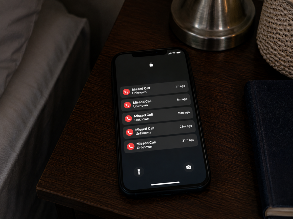 A phone with several missed call notifications on a nightstand