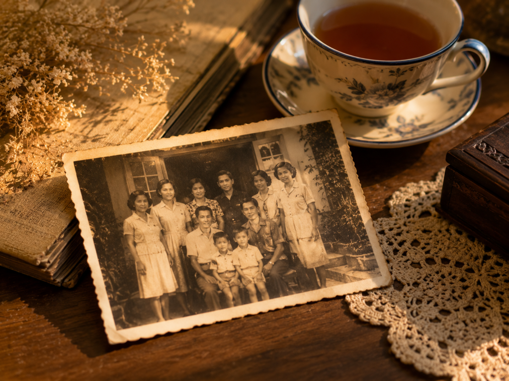 An old family photograph resting on a table beside a cup of tea