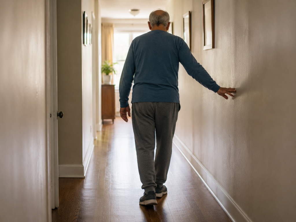 An elderly man practicing a heel-to-toe balance walk down a hallway