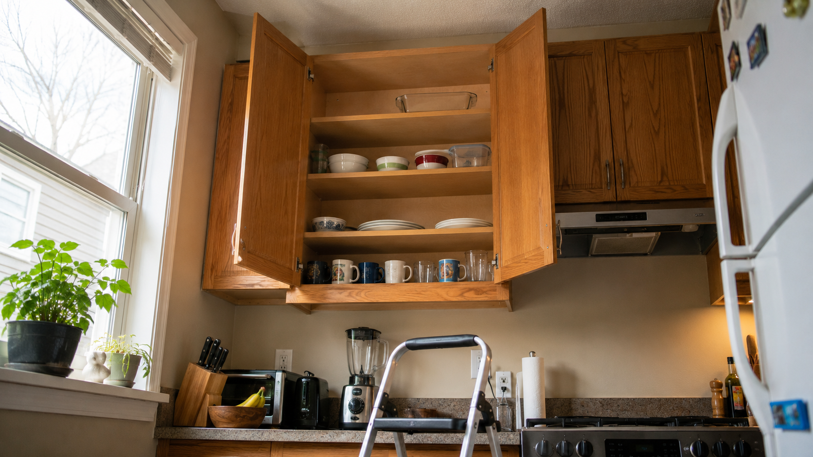 An open kitchen cabinet with an item on the top shelf and a step stool below