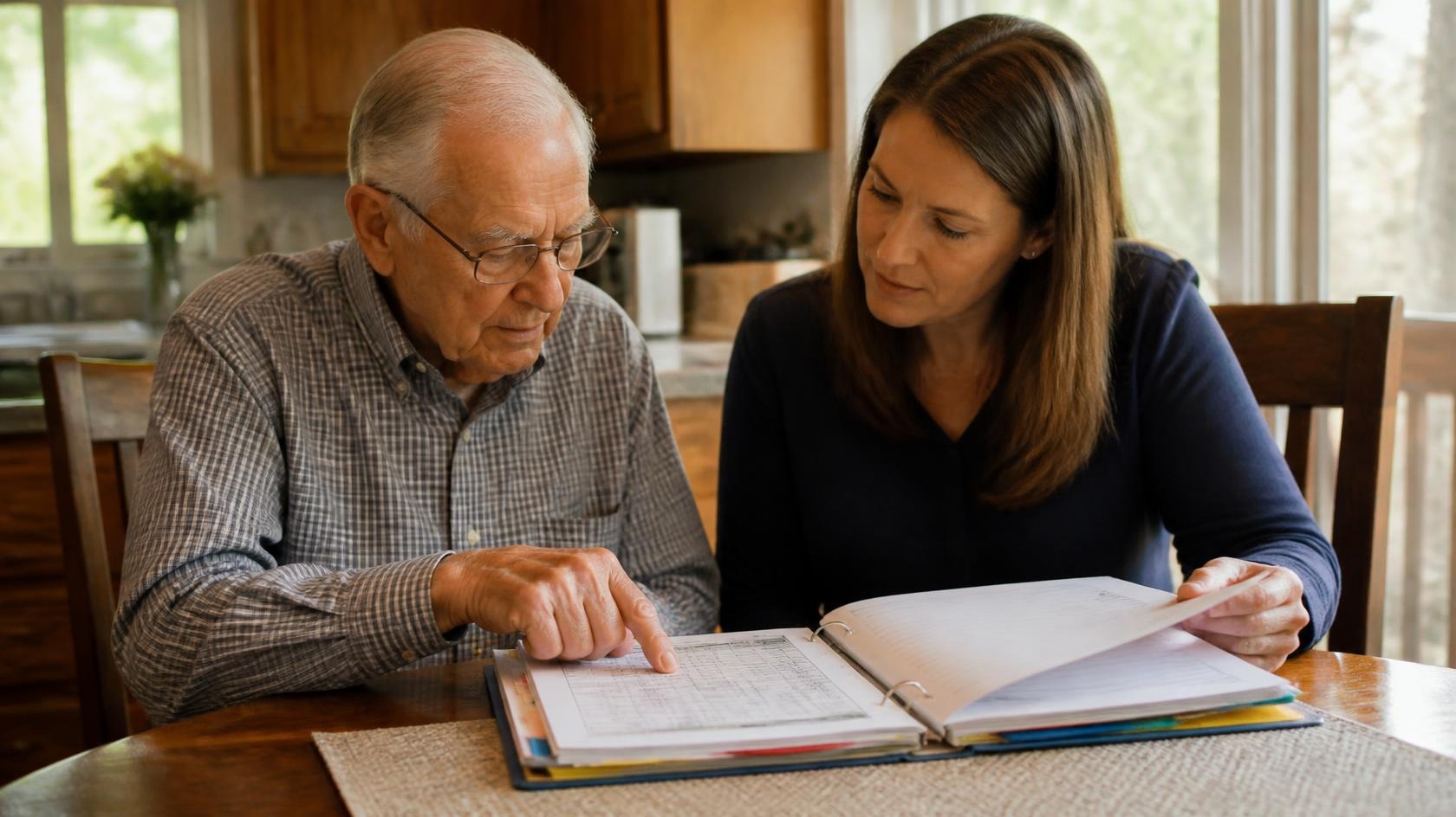 An elderly man and his adult daughter reviewing organized medical documents together
