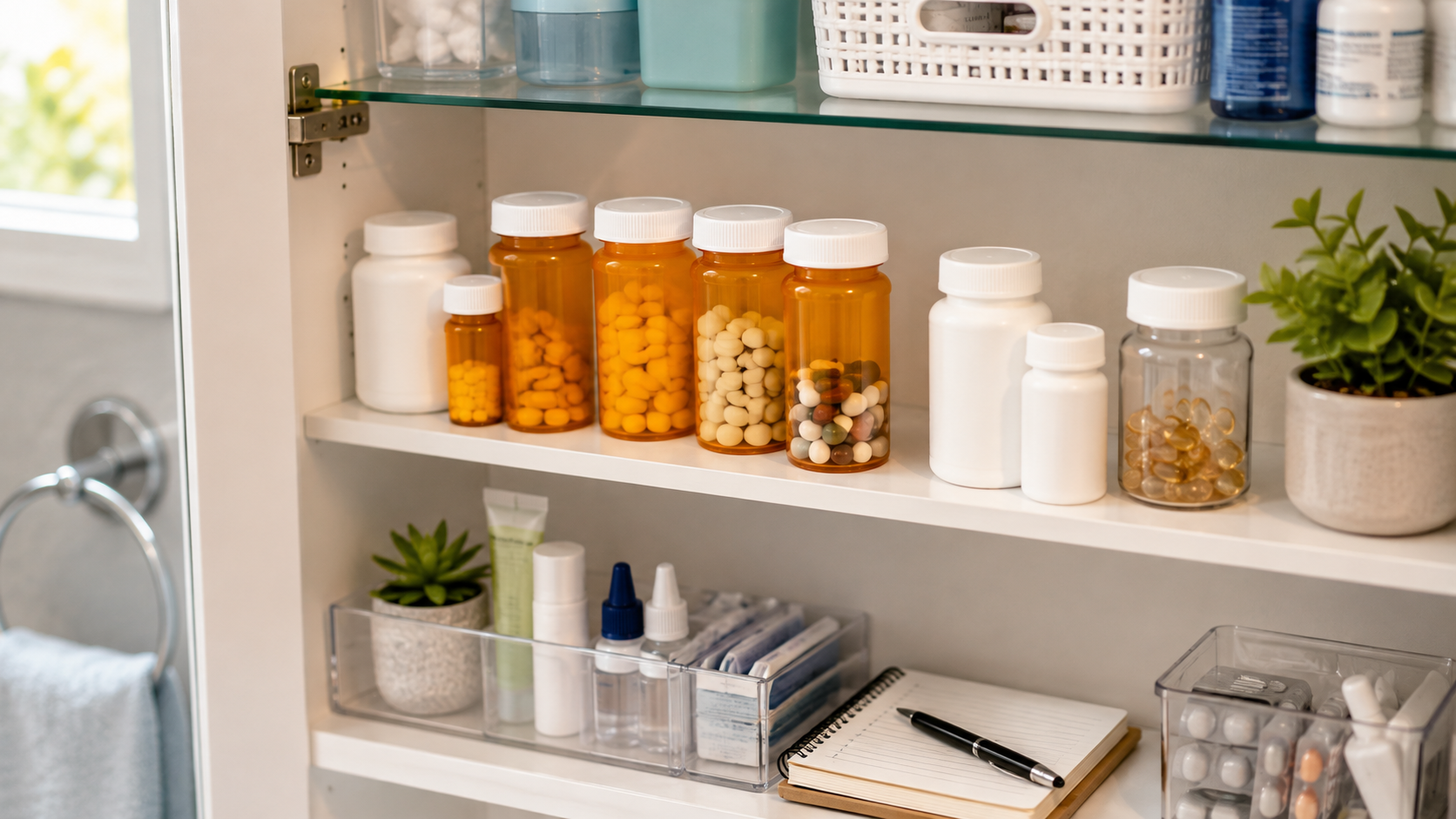 A neatly organized medicine cabinet with labeled pill bottles