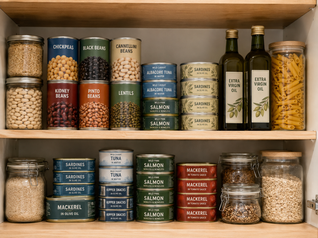 An organized pantry shelf with canned beans, fish, and olive oil