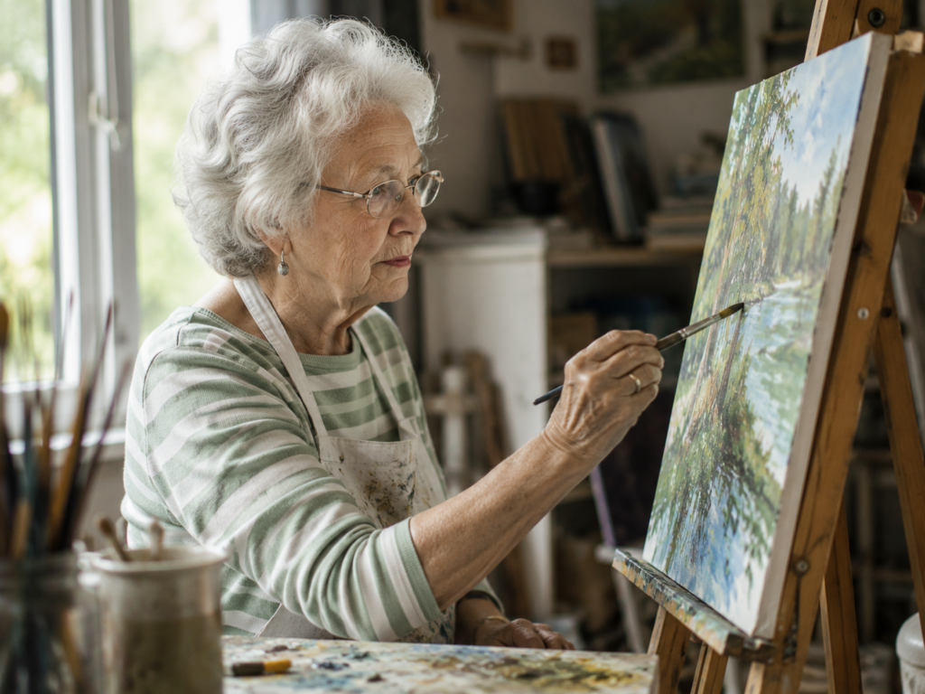 An elderly woman fully absorbed in painting at an easel