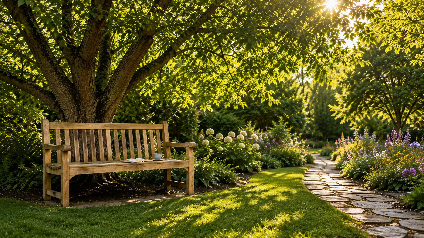 A peaceful garden bench with dappled sunlight and a cup of tea