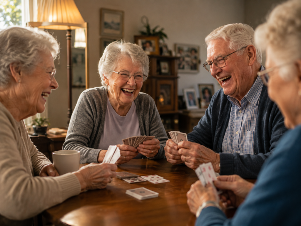 A group of elderly friends laughing together while playing cards