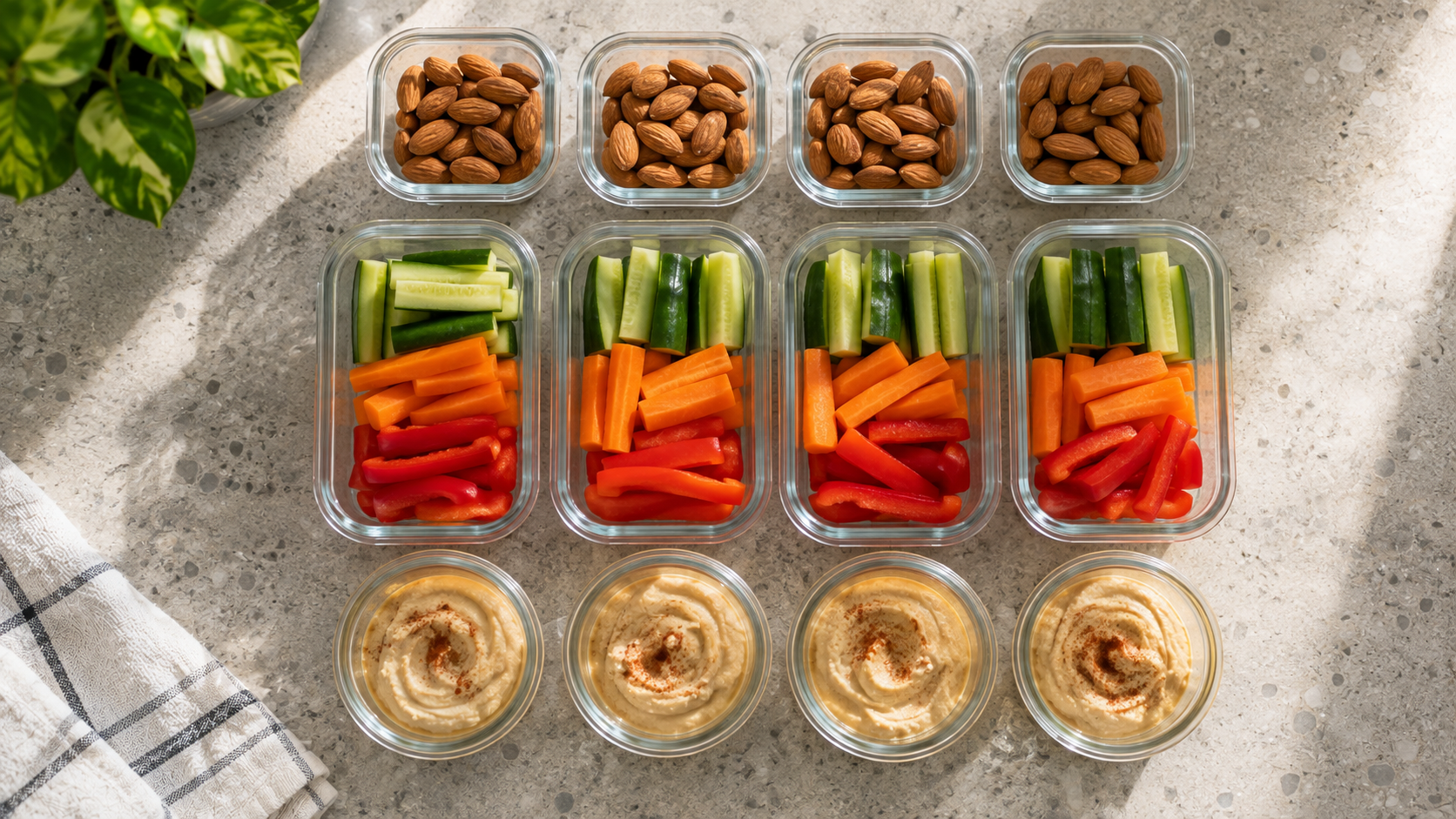 Pre-portioned healthy snacks in small glass containers on a kitchen counter