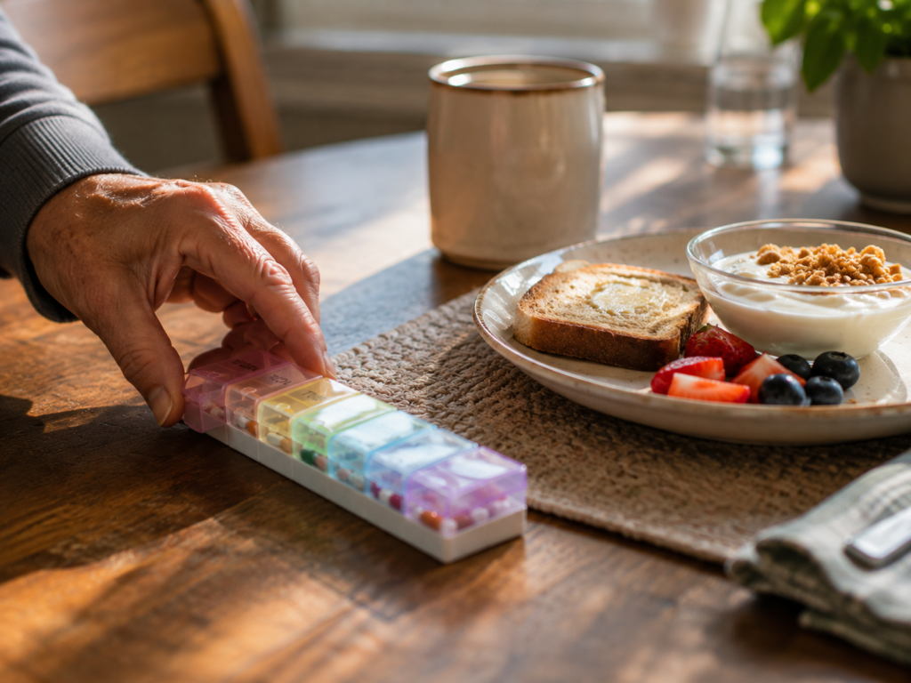 A pill organizer placed beside a breakfast plate on a kitchen table