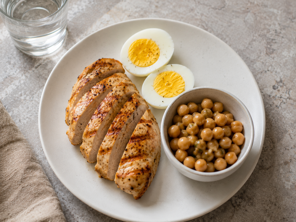 A protein-rich meal with grilled chicken, eggs, and legumes.