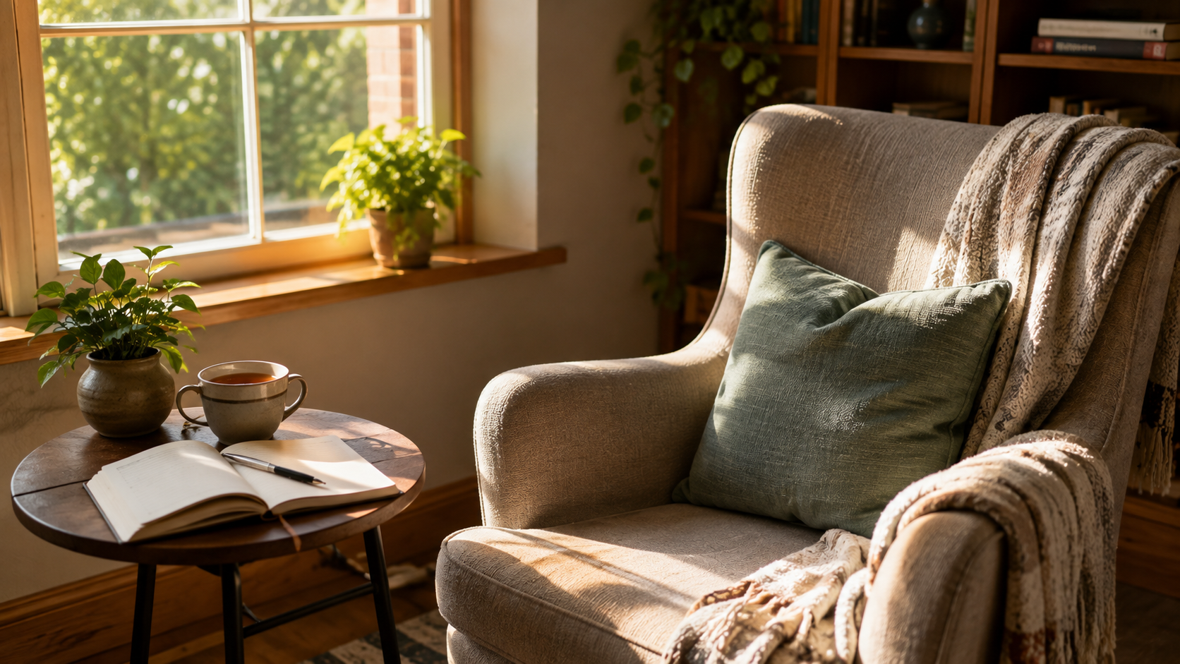 A quiet reading nook with tea and an open journal