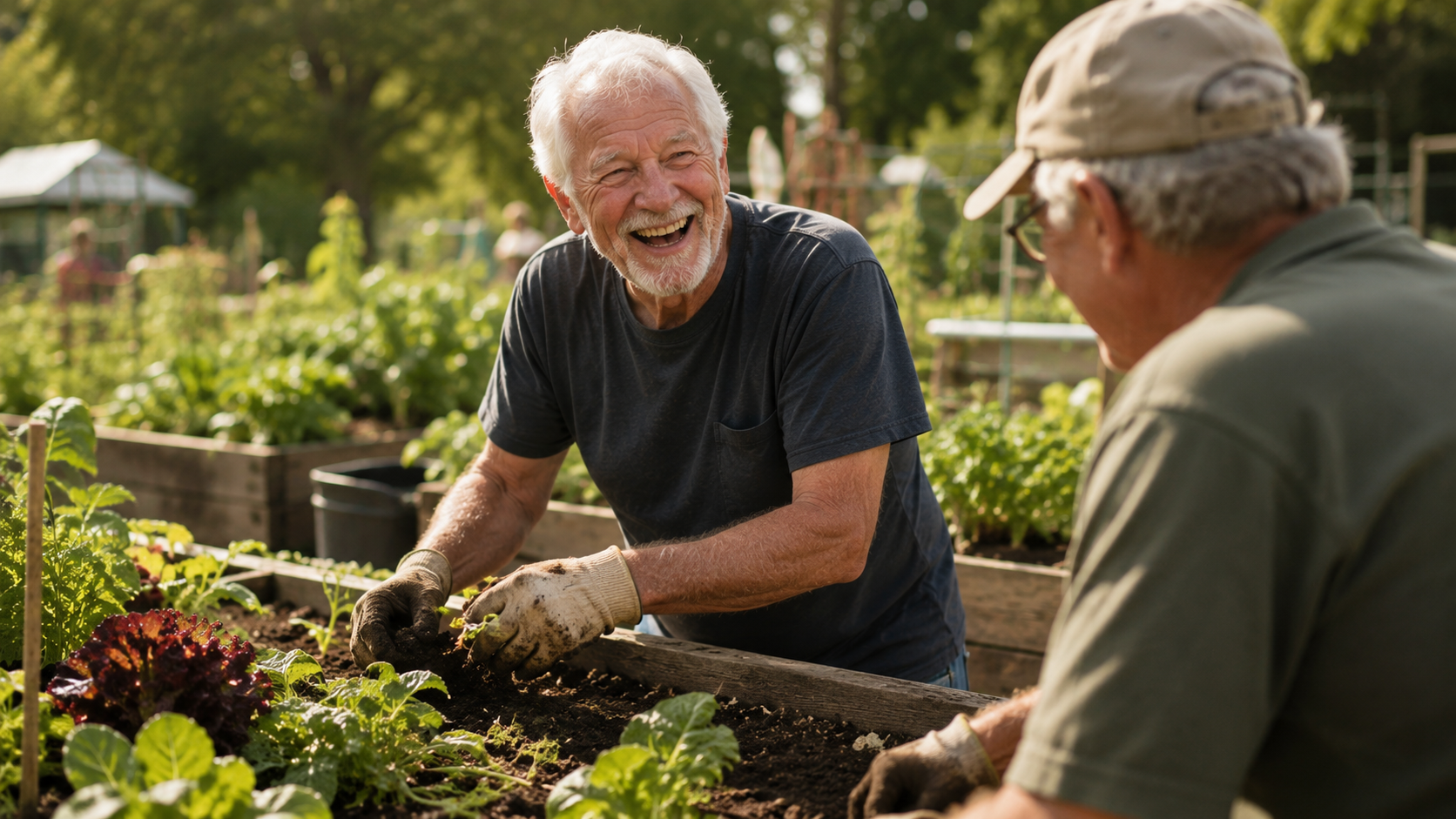 An elderly man laughing while gardening with a neighbor at a community garden