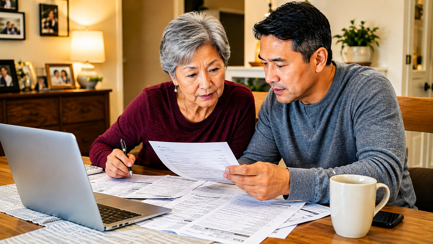 An elderly woman and her adult son reviewing financial documents together