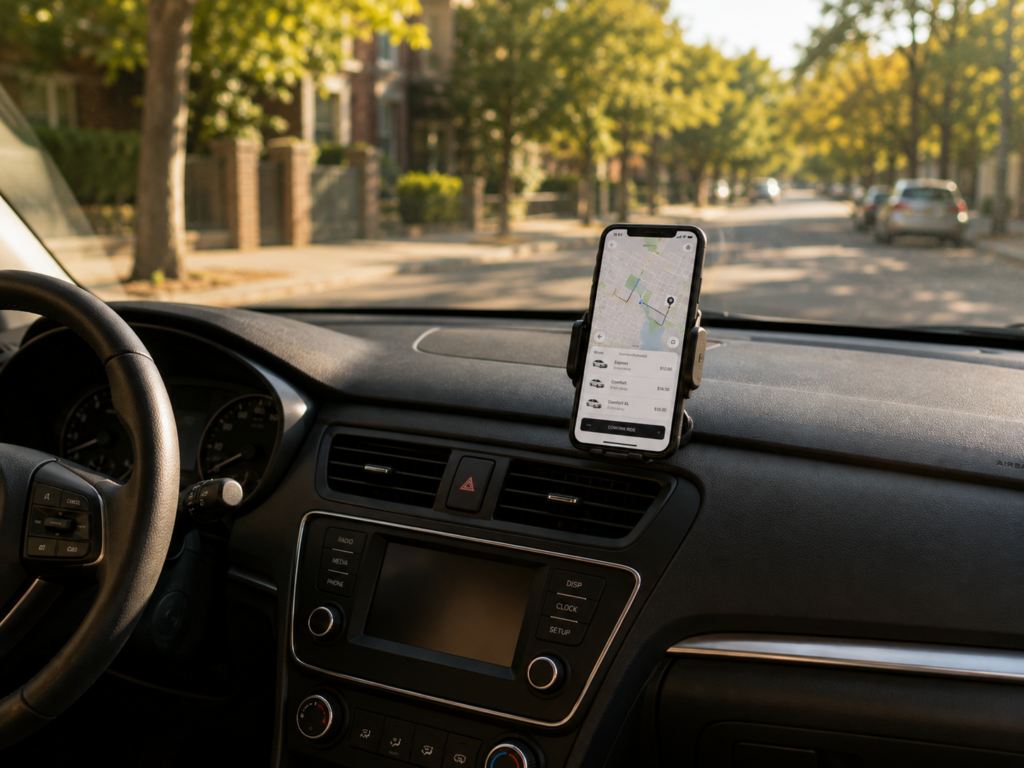 A rideshare app open on a smartphone resting on a car dashboard