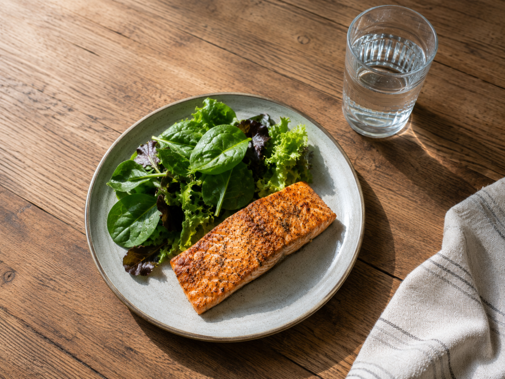 A home-cooked meal of grilled salmon with leafy greens