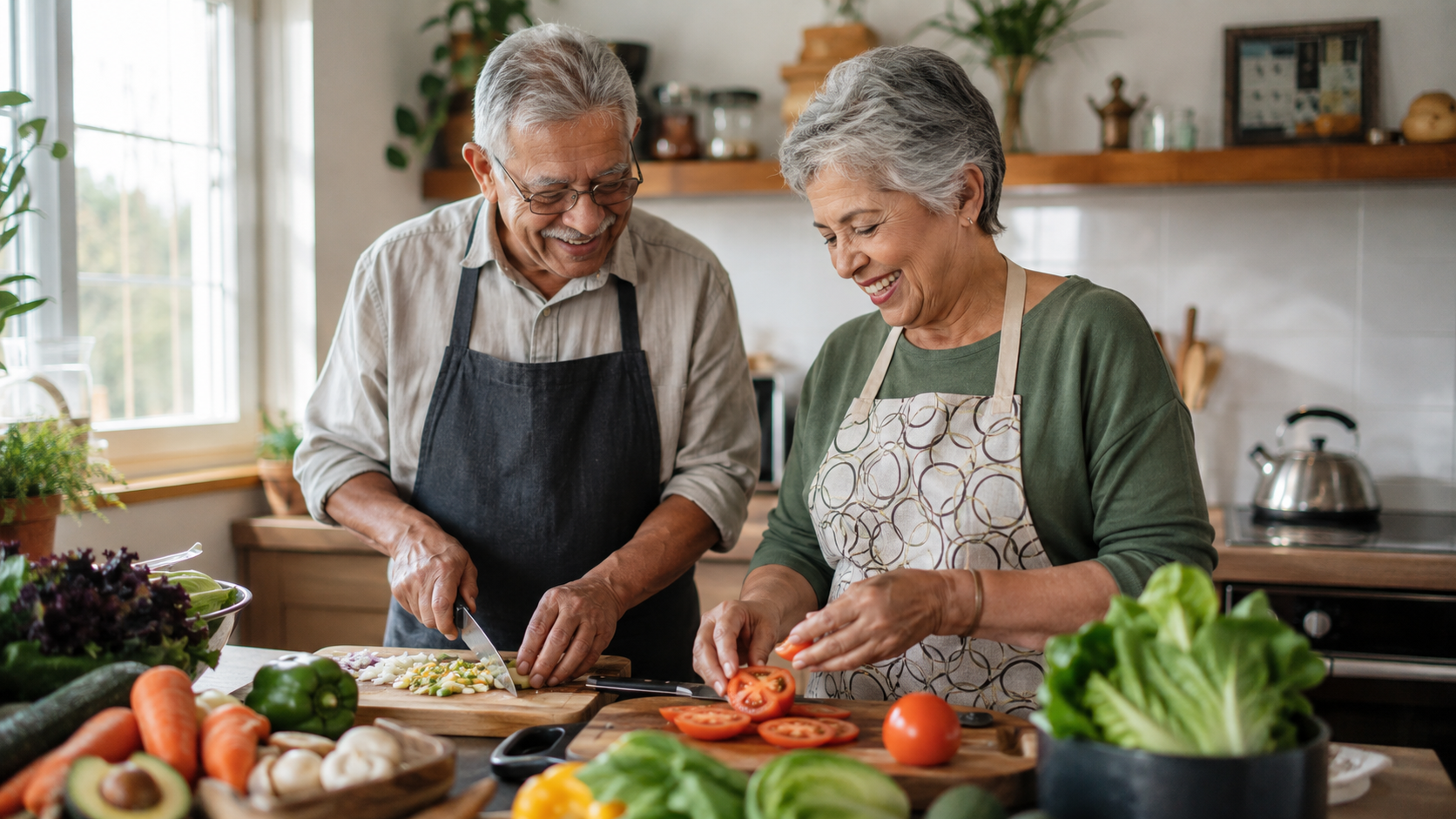 An elderly couple cooking together with fresh vegetables in a bright kitchen