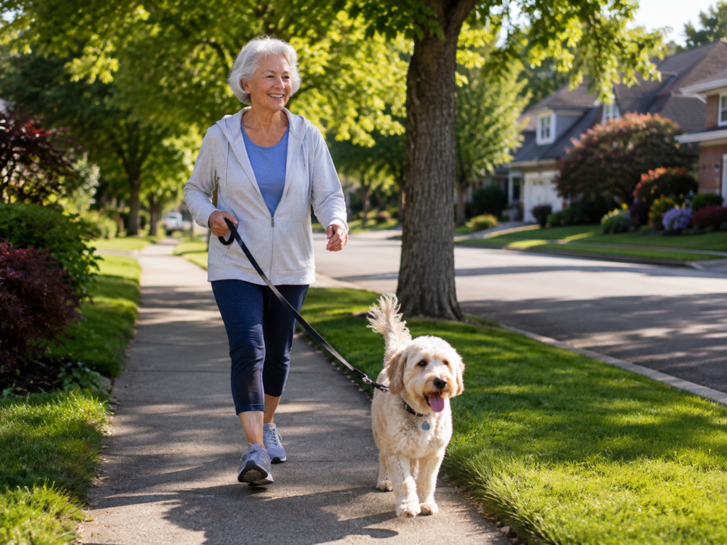 An elderly woman walking briskly with her dog through a quiet neighborhood