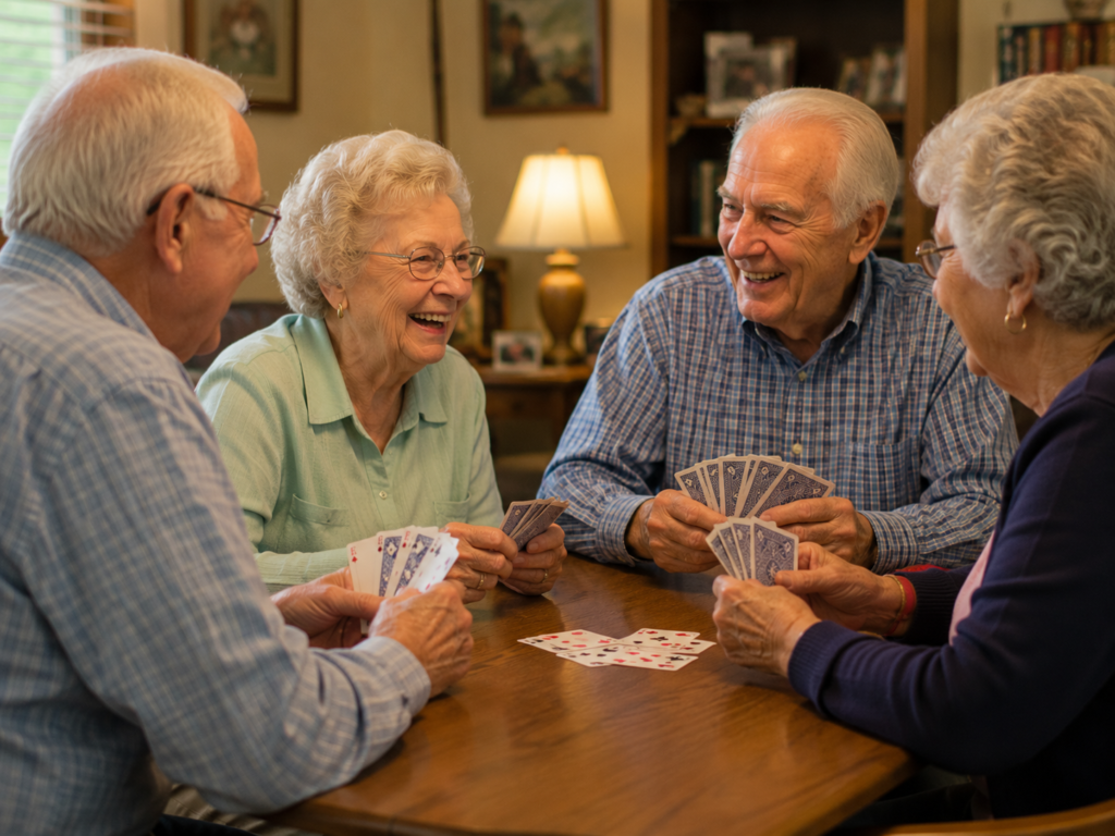 A small group of seniors playing cards together and laughing
