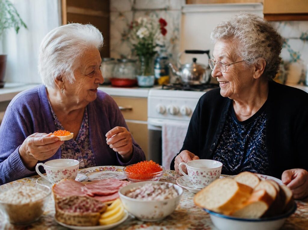 Two elderly friends sharing a meal together at a kitchen table