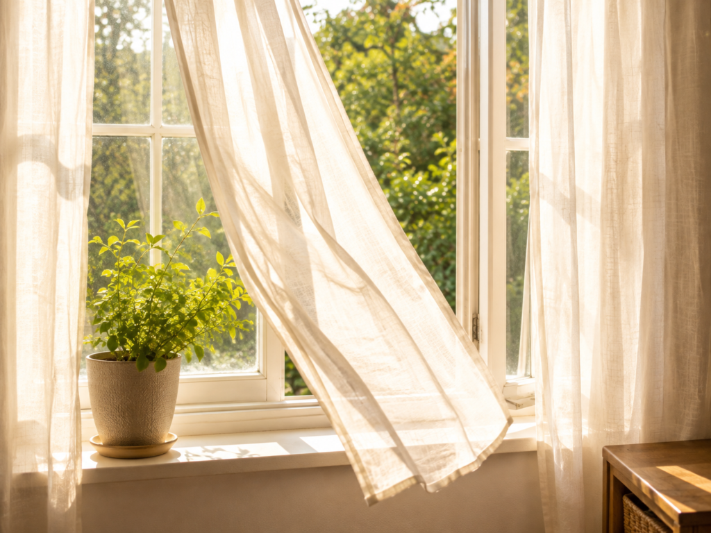 Sunlight streaming through an open window with a potted plant on the sill.