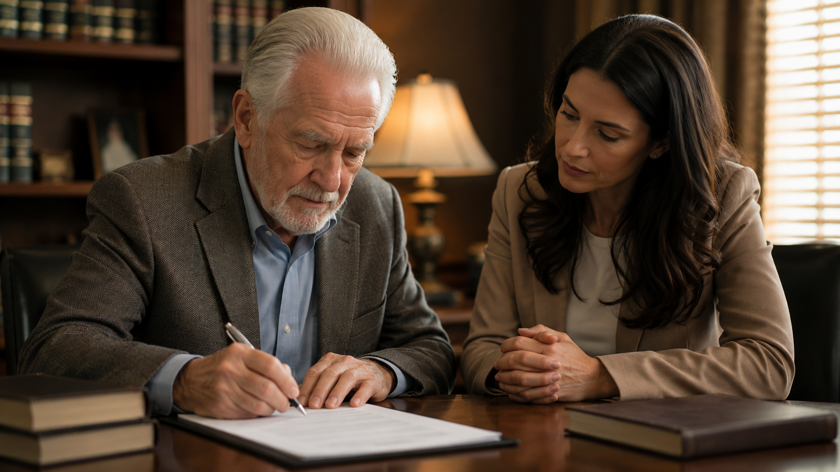 An elderly man signing a legal document with his adult daughter beside him