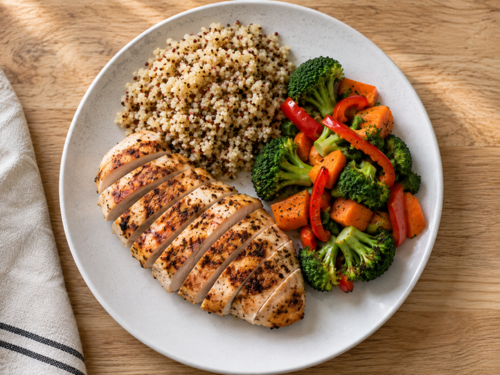 A balanced meal with lean protein, whole grains, and vegetables