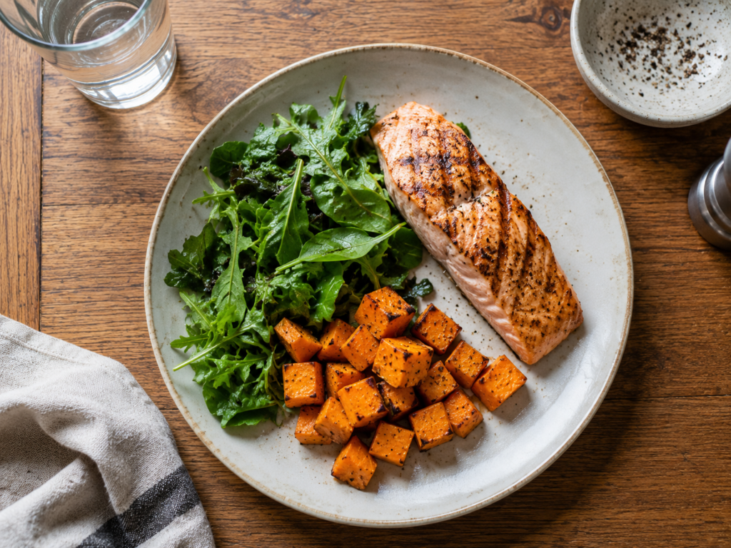 A home-cooked meal of grilled salmon with leafy greens and sweet potato