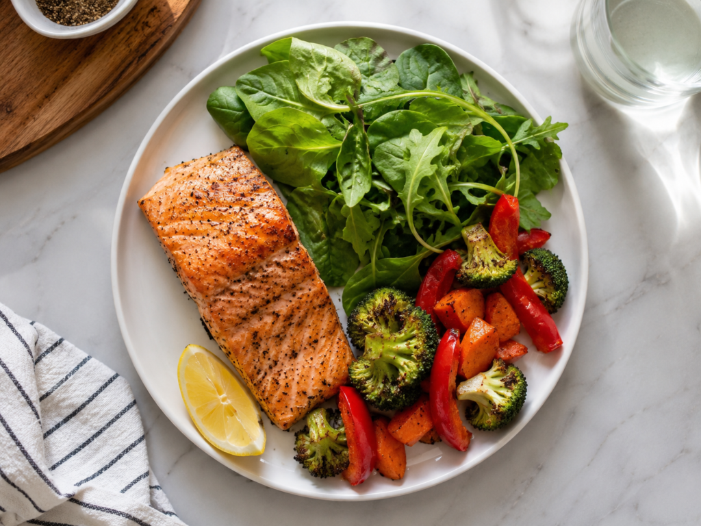 A home-cooked meal of grilled salmon with leafy greens and vegetables