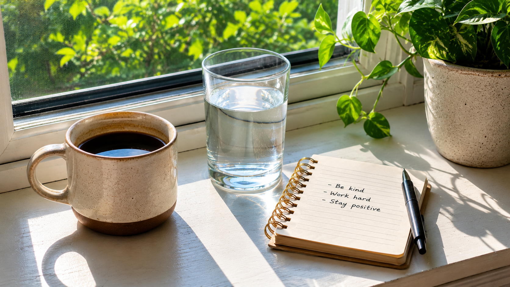 A morning scene with coffee, water, and a notepad on a sunlit windowsill