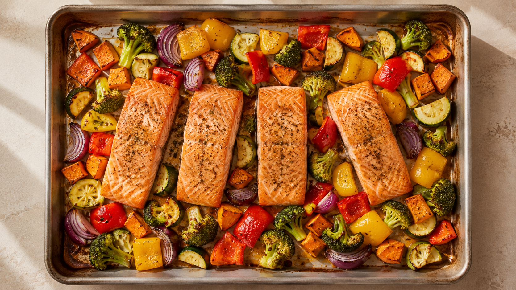A sheet pan meal of salmon and roasted vegetables