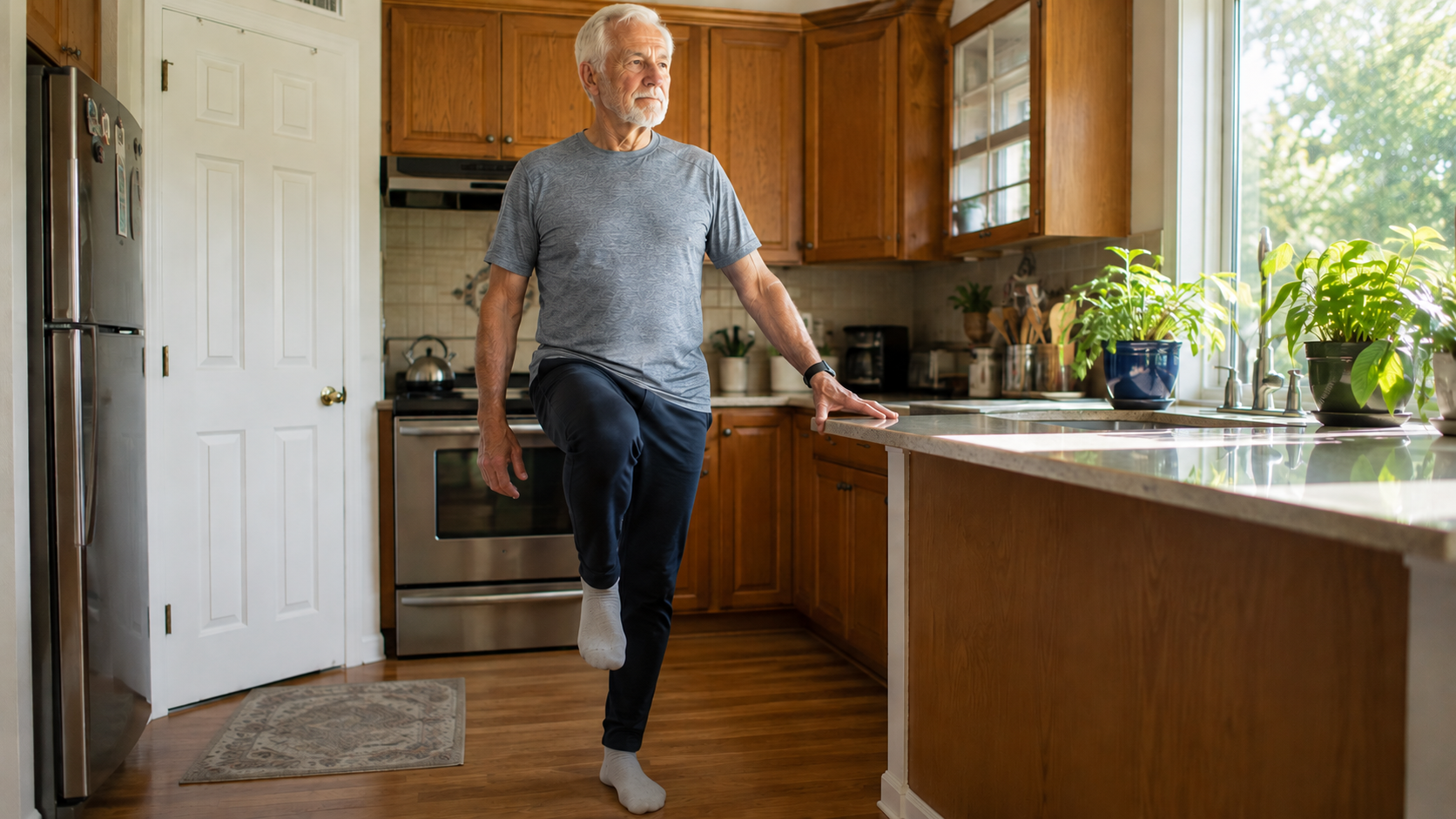 An elderly man practicing a single-leg balance exercise using his kitchen counter for support
