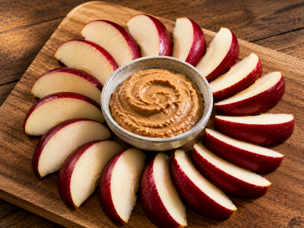 Sliced apple arranged around a bowl of almond butter