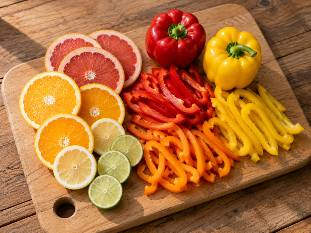 Sliced citrus fruits and bell peppers on a cutting board